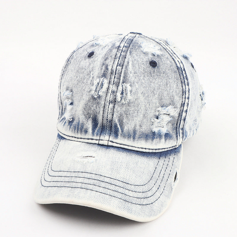 Casquette baseball denim bleu clair effet washed déchirée style streetwear