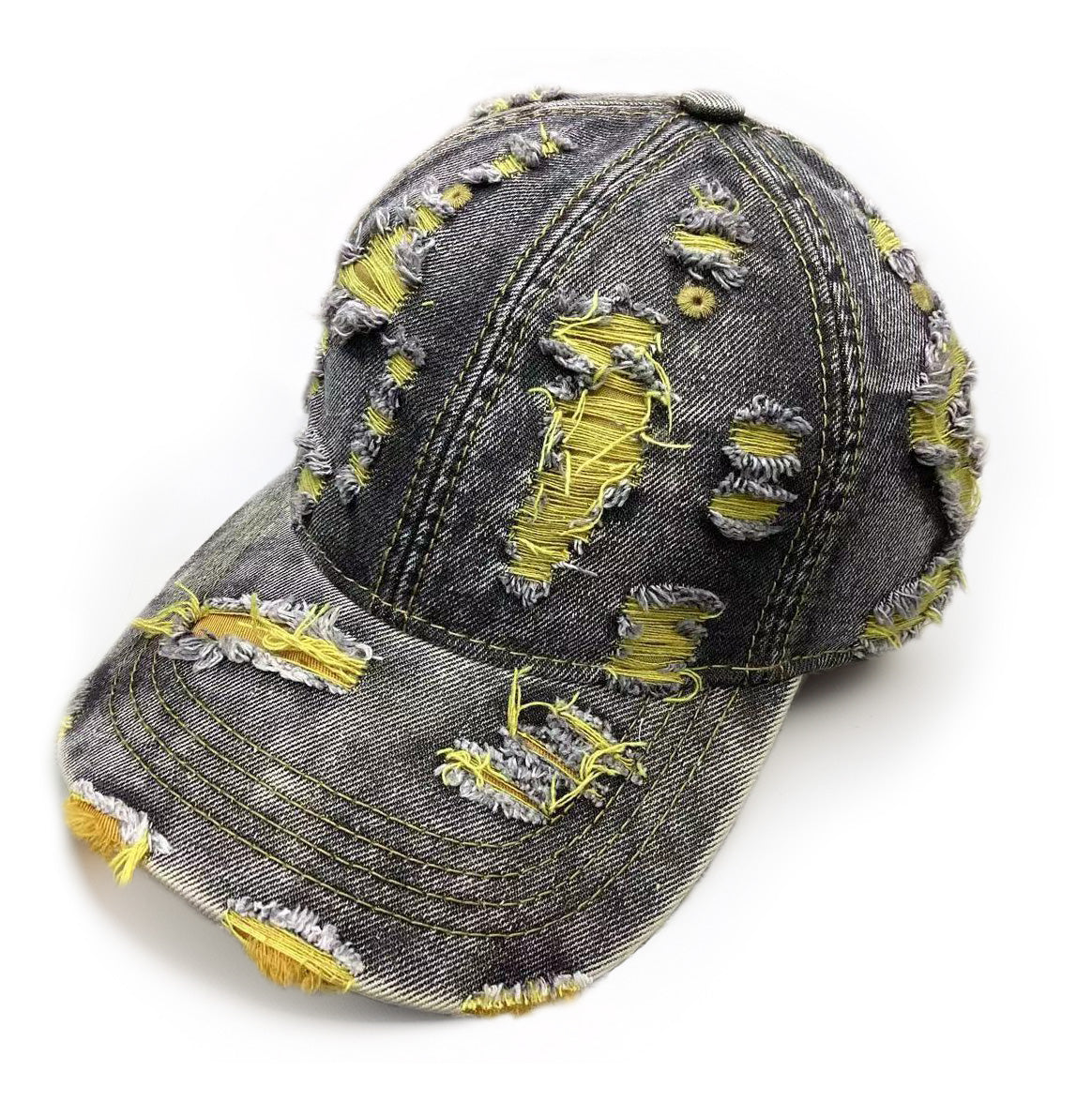 Casquette baseball jaune en denim destroyed avec effet déchiré, style streetwear